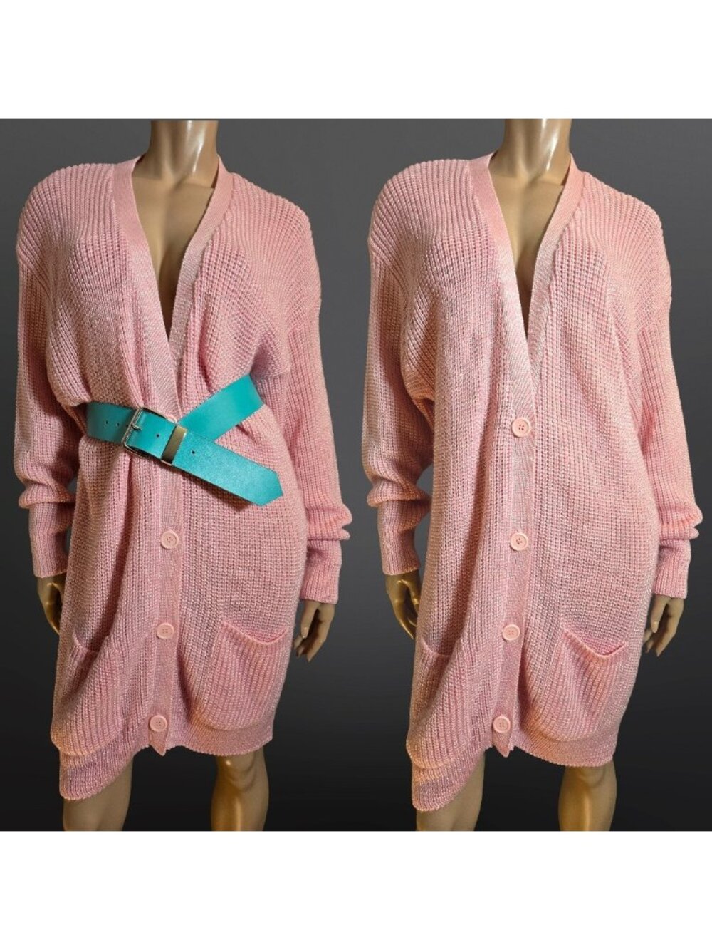 Vintage 80s Pastel Pink Long Button Up V Neck Cardigan Size M Long Sleeve